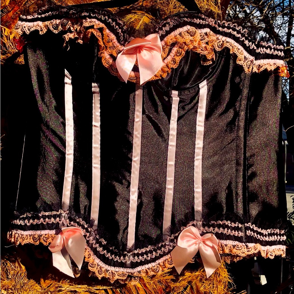 NWT PLUS SIZE Bustier black and pink satin ribbon details boned 4xl